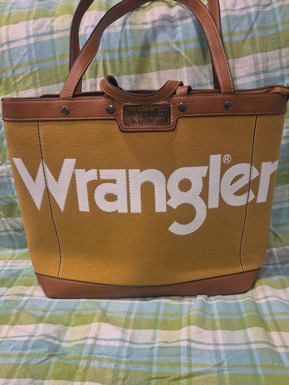NWOT Wrangler Mustard Canvas Tote with Brown Trim and White Logo
